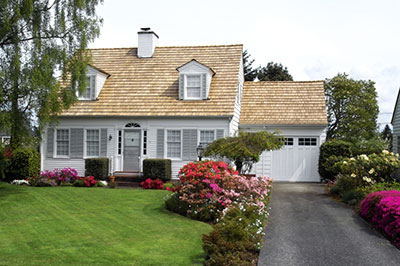 a close up of a flower garden in front of a house